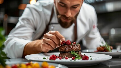 Gourmet Kitchen scene, chef's hands preparing a dish, culinary art