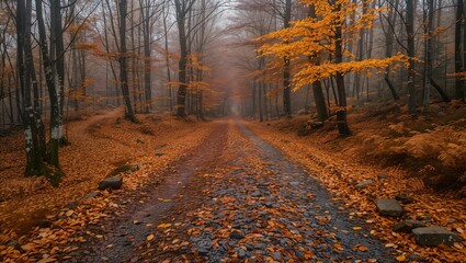 Tranquil forest path in autumn, leaves carpeting the way, peaceful walk