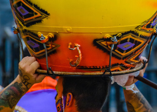 Candombe drummer waiting to calls parade, montevideo, uruguay.