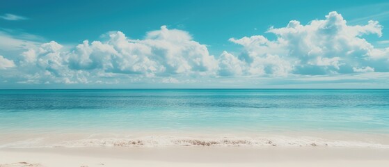 Fototapeta na wymiar Serene Tropical Beach with Turquoise Water and Fluffy Clouds