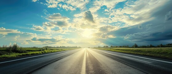 Open Road at Sunset with Lush Cloudscape - obrazy, fototapety, plakaty