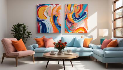 Modern apartment with comfortable sofa, vibrant decoration, and cozy ambiance generated by AI