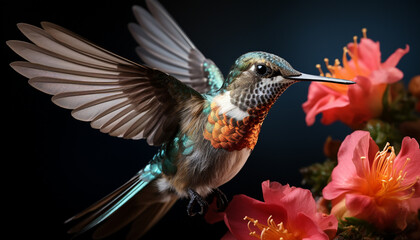 Fototapeta premium Hummingbird flying, vibrant feathers, pollinating flowers in nature beauty generated by AI