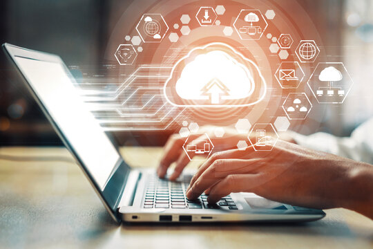 Cloud computing technology and online data storage for business network concept. Computer connects to internet server service for cloud data transfer presented in 3D futuristic graphic interface. uds