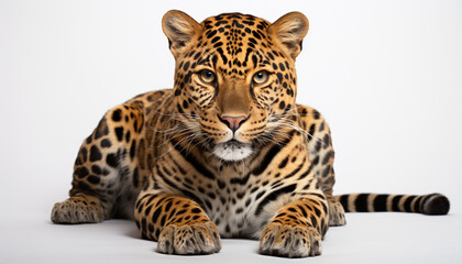 Majestic tiger, striped fur, staring, on white background generated by AI