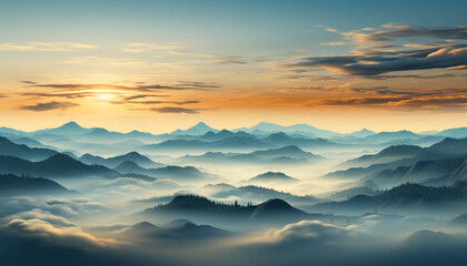 Mountain peak silhouette, sunset sky, nature beauty in panoramic landscape generated by AI