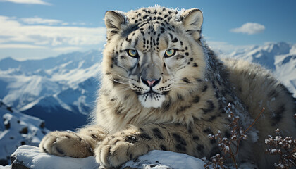 Fototapeta premium Majestic snow leopard, a large endangered feline, in winter wilderness generated by AI