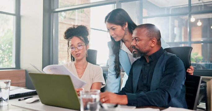 Business, people and laptop with documents in teamwork, planning or collaboration for finance at office. Businessman and woman with paperwork or computer for financial accounting on desk at workplace