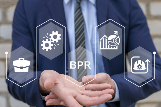 Businessman using virtual interface sees abbreviation: BPR. Business Process Reengineering ( BPR ) concept. Conceptual Business Model Strategy Organization.