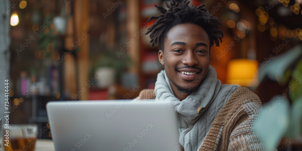 Poster young black man using a laptop and smiling at home. a man sitting by a table working on a laptop com