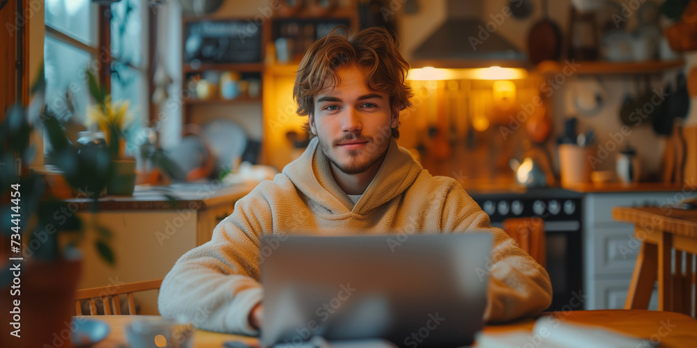Aufkleber young man using a laptop and smiling at home. a man sitting by a table working on a laptop computer 