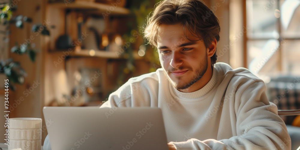 Aufkleber young man using a laptop and smiling at home. a man sitting by a table working on a laptop computer 