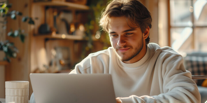 Young Man Using A Laptop And Smiling At Home. A Man Sitting By A Table Working On A Laptop Computer In The Kitchen Of Is House Or Appartment