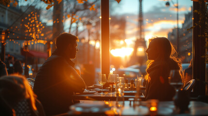 a couple of men and woman having dinner at sunset in Paris France, men and woman in a cafe in Paris...