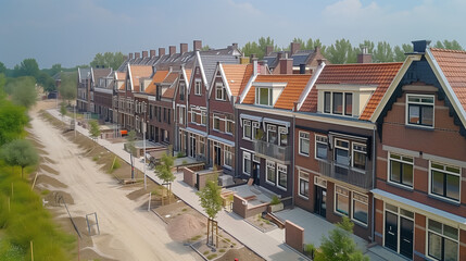Obraz premium construction site of a new Dutch Suburban area with modern family houses, newly built modern family homes in the Netherlands Construction site of local homes, Construction site of local family house