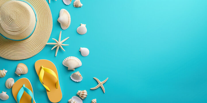 Top view Flat lay summer holiday vacation concept, beach hat, flip flops and shells, starfish on blue background