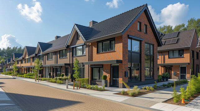 Dutch Suburban area with modern family houses, newly built modern family homes in the Netherlands 