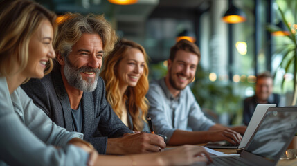 Fototapeta premium Smiling businesspeople having a discussion while collaborating on a new project in an office. Group of happy businesspeople using a laptop while working together in a modern workspace in the office