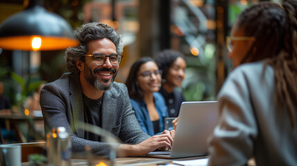  Smiling businesspeople discussing while collaborating on a new project in an office. Group of happy businesspeople using a laptop while working together in a modern workspace