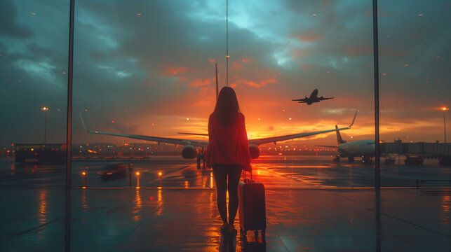  business woman with luggage at an airport window with in the background a flying airplane, silhouette of a woman by the window of a airport terminal in the evening