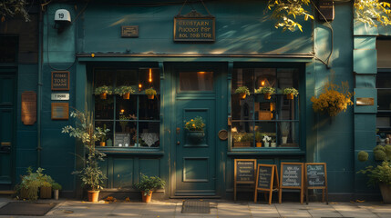 the front side of a traditional green old Pub, London UK, green pub outside in the evening, British pub