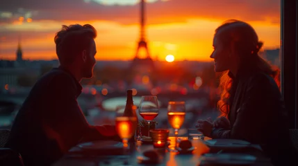 Fotobehang a couple of men and woman having dinner at sunset in Paris France, men and woman in a cafe in Paris with eiffel tower on background © Fokke Baarssen