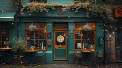 the front side of a traditional green old Pub, London UK, green pub outside in the evening, British...