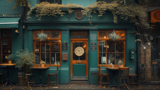 the front side of a traditional green old Pub, London UK, green pub outside in the evening, British pub