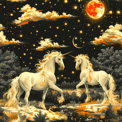 Obraz premium Unicorn in the universe, white black gold, seamless tile, ai generated