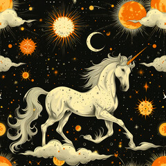 Obraz na płótnie Canvas Unicorn in the universe, white black gold, seamless tile, ai generated