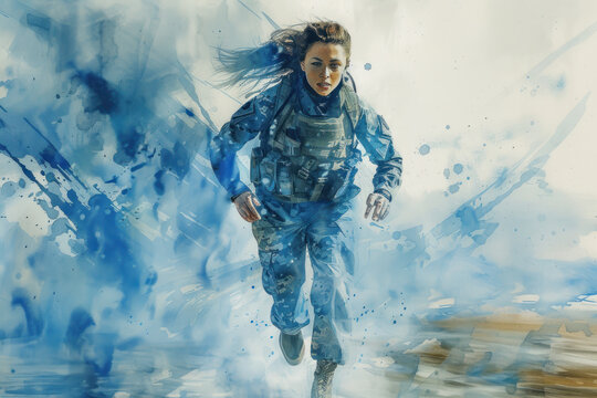 Army woman run in blue splash watercolor, concept: independence, peace