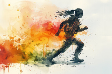 Army woman run in colourful splash watercolor, concept: independence, peace - obrazy, fototapety, plakaty