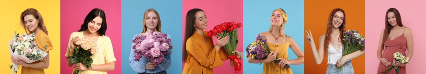 Charming ladies with beautiful flowers on different colors backgrounds, collage. 8 March - Happy...