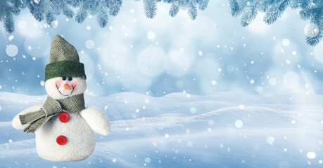 Cute decorative snowman in hat and scarf outdoors on snowy day, space for text. Banner design