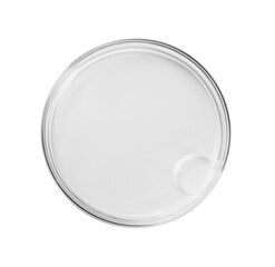 Petri dish with liquid sample isolated on white, top view