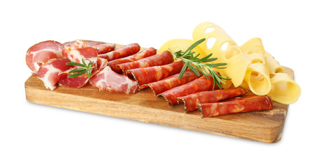 Charcuterie board. Delicious cured ham, cheese, sausage and rosemary isolated on white