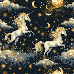 Obraz na płótnie Canvas Unicorn in the universe, white black gold, seamless tile, ai generated