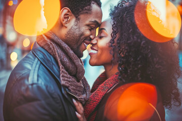 Black couple kissing, focus on the detail of the lips approaching, international kissing day, April