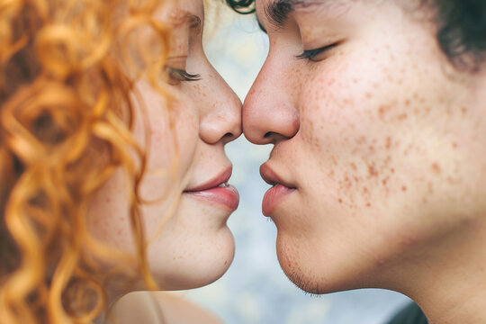 Couple kissing, focus on the detail of the lips approaching, international kissing day, April