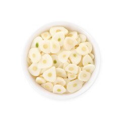 Pieces of fresh garlic in bowl isolated on white, top view