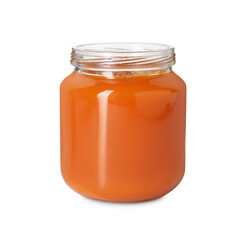 Baby food. Tasty healthy puree in jar isolated on white