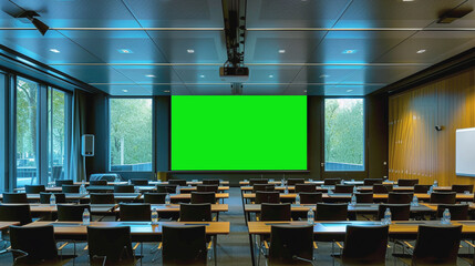 Meeting room or court room with a large green screen at the front