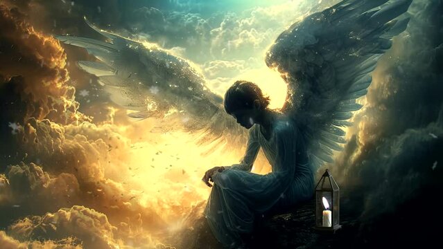 winged angel sitting on a cloud. Seamless looping time-lapse virtual 4k video animation background