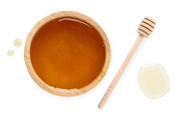 Tasty honey in bowl and dipper on white background, flat lay