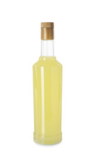 Bottle of tasty limoncello liqueur isolated on white