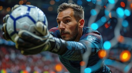 Goalkeeper catches the ball in the stadium during a football game