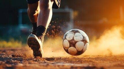 Close-up of a Leg in a Boot Kicking Football Ball. Professional Soccer Player Hits Ball