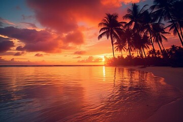 Vibrant tropical sunset over beach with palm tree silhouettes. Generative AI