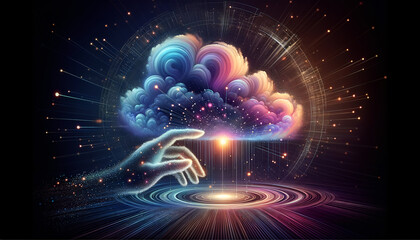 Abstract cloud formation merging with glowing data streams, symbolizing cloud backup technology.