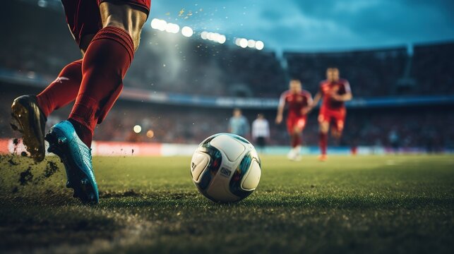 Close-up of a Leg in a Boot Kicking Football Ball. Professional Soccer Player Hits Ball - Powered by Adobe